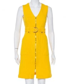 Diane Von Furstenberg Yellow Cotton Zip Front Belted Sleeveless Dress S For Women