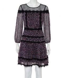 Diane Von Furstenberg Navy Blue Printed Silk & Tulle Paneled Jamie Dress S For Women