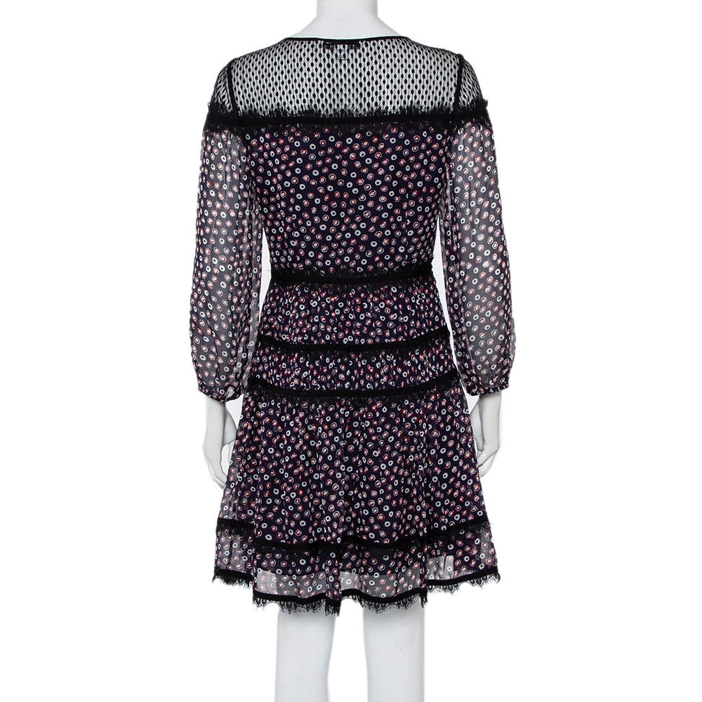 Diane Von Furstenberg Navy Blue Printed Silk & Tulle Paneled Jamie Dress S For Women 3 Diane Von Furstenberg Navy Blue Printed Silk & Tulle Paneled Jamie Dress S For Women - Image 3