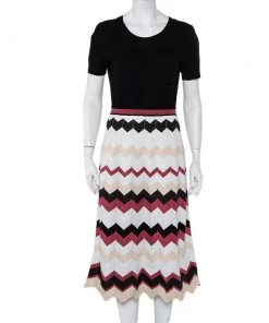 Diane Von Furstenberg Black Knit Chevron Pattern Paneled Gaia Midi Dress M For Women