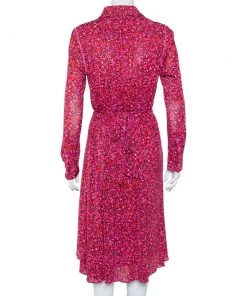Diane Von Furstenberg Pink Floral Printed Mesh Button Front Belted Midi Dress M For Women -Diane Von Furstenberg shop luxury women diane von furstenberg used clothes p449689 006