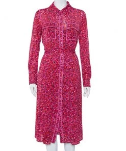 Diane Von Furstenberg Pink Floral Printed Mesh Button Front Belted Midi Dress M For Women