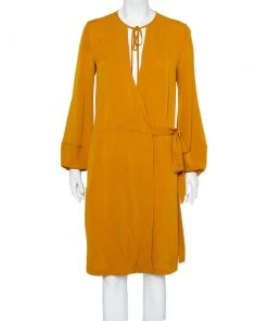 Diane Von Furstenberg Mustard Yellow Silk Mini Wrap Nove Dress M For Women
