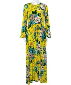 Diane Von Furstenberg Yellow Floral Printed Silk Waist Tie Detail Maxi Dress S For Women