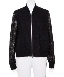 Diane Von Furstenberg Black & Navy Blue Lace Kennadie Bomber Jacket L For Women