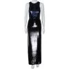 Diane Von Furstenberg Navy Blue & Black Sequined Silk Sheer Back Detail Gown XS For Women