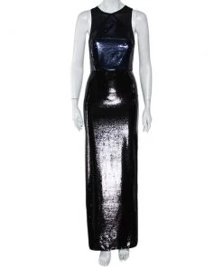 Diane Von Furstenberg shop 6 Diane Von Furstenberg Navy Blue & Black Sequined Silk Sheer Back Detail Gown XS For Women