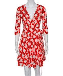 Diane Von Furstenberg Orange Palm Printed Silk Mini Wrap Dress M For Women