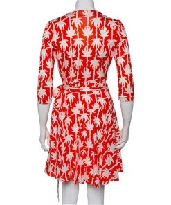 Diane Von Furstenberg Orange Palm Printed Silk Mini Wrap Dress M For Women -Diane Von Furstenberg shop luxury women diane von furstenberg used clothes p463418 004