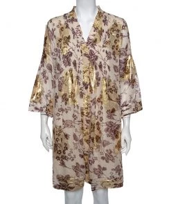 Diane Von Furstenberg Cream Floral Printed Fil Coupe' Pintuck Detail Layla Dress L For Women