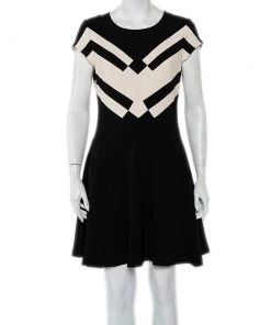 Diane Von Furstenberg Black Crepe Contrast Panel Gail A-Line Dress M For Women