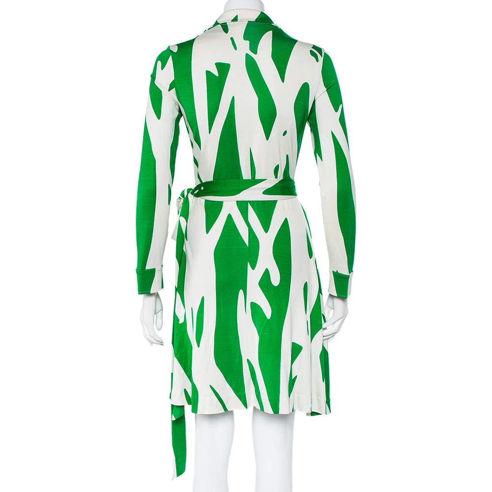 Diane Von Furstenberg Beige & Green Printed Silk Knit Collared Mini Wrap Dress L For Women 3 Diane Von Furstenberg Beige & Green Printed Silk Knit Collared Mini Wrap Dress L For Women - Image 3