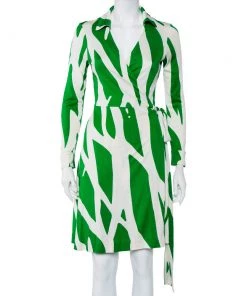 Diane Von Furstenberg shop 10 Diane Von Furstenberg Beige & Green Printed Silk Knit Collared Mini Wrap Dress L For Women