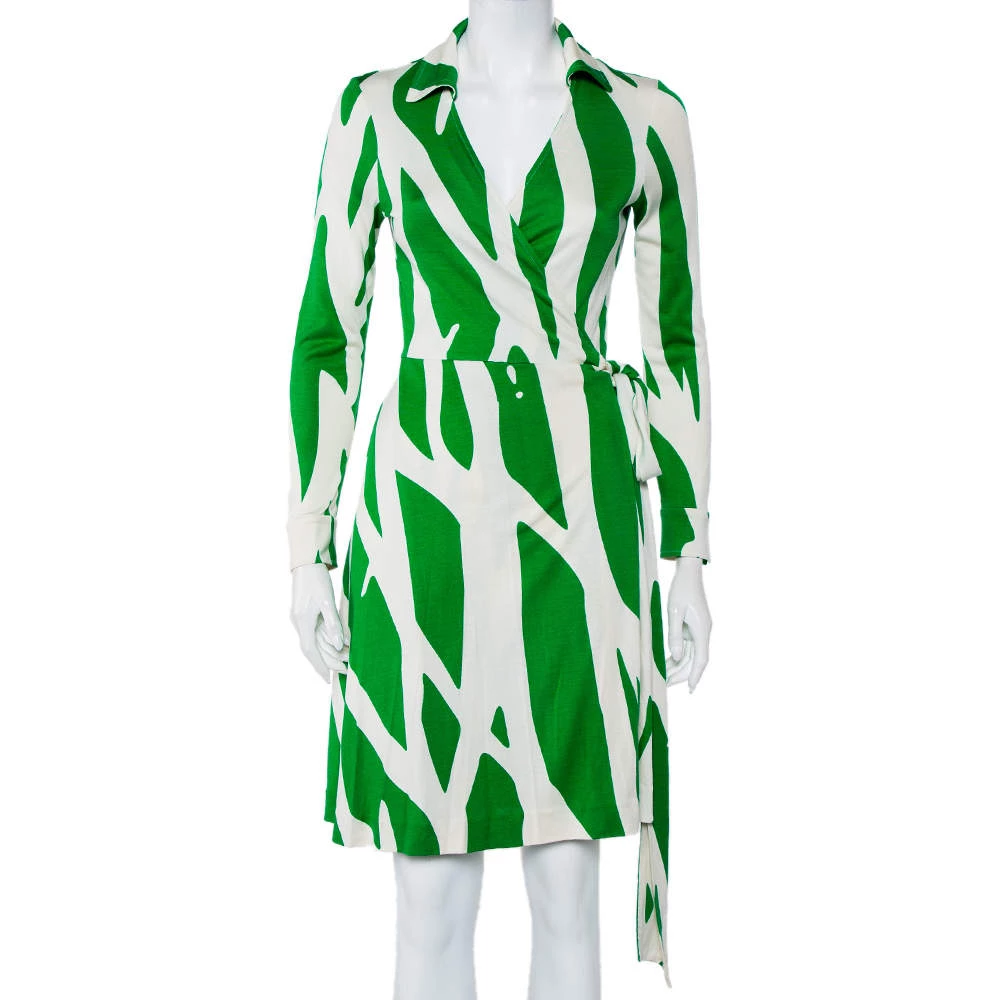 Diane Von Furstenberg Beige & Green Printed Silk Knit Collared Mini Wrap Dress L For Women 1 Diane Von Furstenberg Beige & Green Printed Silk Knit Collared Mini Wrap Dress L For Women