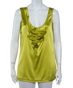 Diane Von Furstenberg Green Silk Satin Draped Detail Imara Top XL For Women