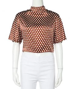 Diane Von Furstenberg Brown Polka Dot Silk Neck Tie Detail Short Top S For Women