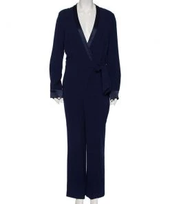 Diane Von Furstenberg Navy Blue Crepe Wrap Detail Margot Jumpsuit L For Women