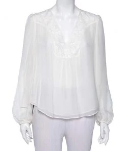 Diane Von Furstenberg White Silk Embroidered Neck Detail Maslyn Top M For Women