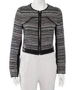 Diane Von Furstenberg Monochrome Tweed Zip Front Collarless Caity Jacket S For Women