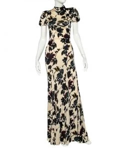 Diane Von Furstenberg Cream Floral Printed Jersey Embellished Open Back Dixie Gown M For Women