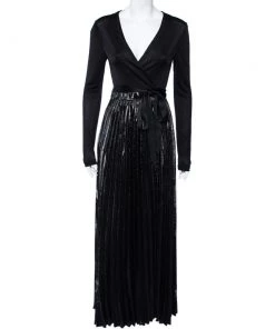 Diane Von Furstenberg Black Knit & Metallic Plissé Heavyn Maxi Wrap Dress S For Women