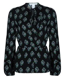 Diane Von Furstenberg Black Printed Nove Long Sleeve Top M For Women
