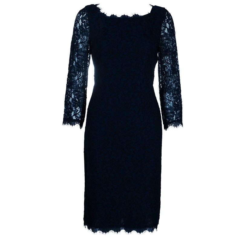 Diane Von Furstenberg Navy Blue Lace Back Zipper Dress M For Women 1 Diane Von Furstenberg Navy Blue Lace Back Zipper Dress M For Women