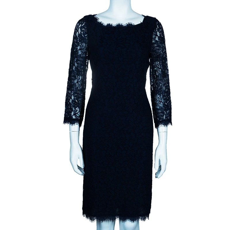 Diane Von Furstenberg Navy Blue Lace Back Zipper Dress M For Women 2 Diane Von Furstenberg Navy Blue Lace Back Zipper Dress M For Women - Image 2