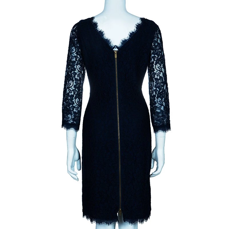 Diane Von Furstenberg Navy Blue Lace Back Zipper Dress M For Women 3 Diane Von Furstenberg Navy Blue Lace Back Zipper Dress M For Women - Image 3