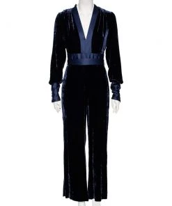 Diane Von Furstenberg Navy Blue Velvet Claude Satin-Trimmed Jumpsuit M For Women