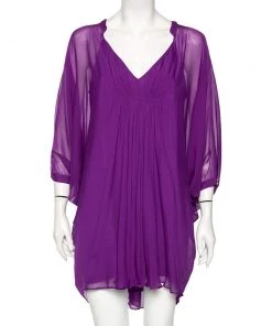 Diane Von Furstenberg Purple Silk Fleurette Flutter-Sleeve Mini Dress S For Women