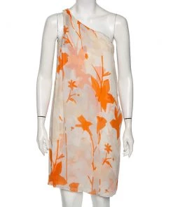 Diane Von Furstenberg Orange Printed Silk Liluye One Shoulder Short Dress M For Women