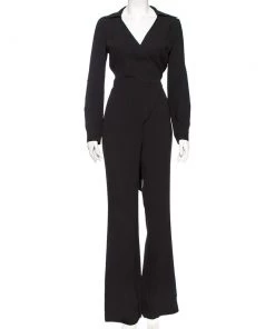 Diane Von Furstenberg Black Crepe Stacy Wrap Jumpsuit S For Women