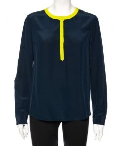 Diane Von Furstenberg Navy Blue Silk Maisy Contrast Collar Trim Detail Shirt L For Women