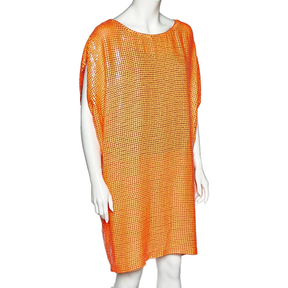 Diane Von Furstenberg Neon Orange Sequin Embellished Silk Kei Tunic L For Women 2 Diane Von Furstenberg Neon Orange Sequin Embellished Silk Kei Tunic L For Women - Image 2