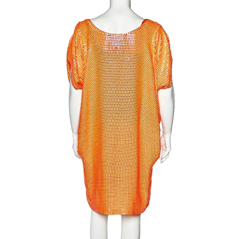 Diane Von Furstenberg Neon Orange Sequin Embellished Silk Kei Tunic L For Women 3 Diane Von Furstenberg Neon Orange Sequin Embellished Silk Kei Tunic L For Women - Image 3