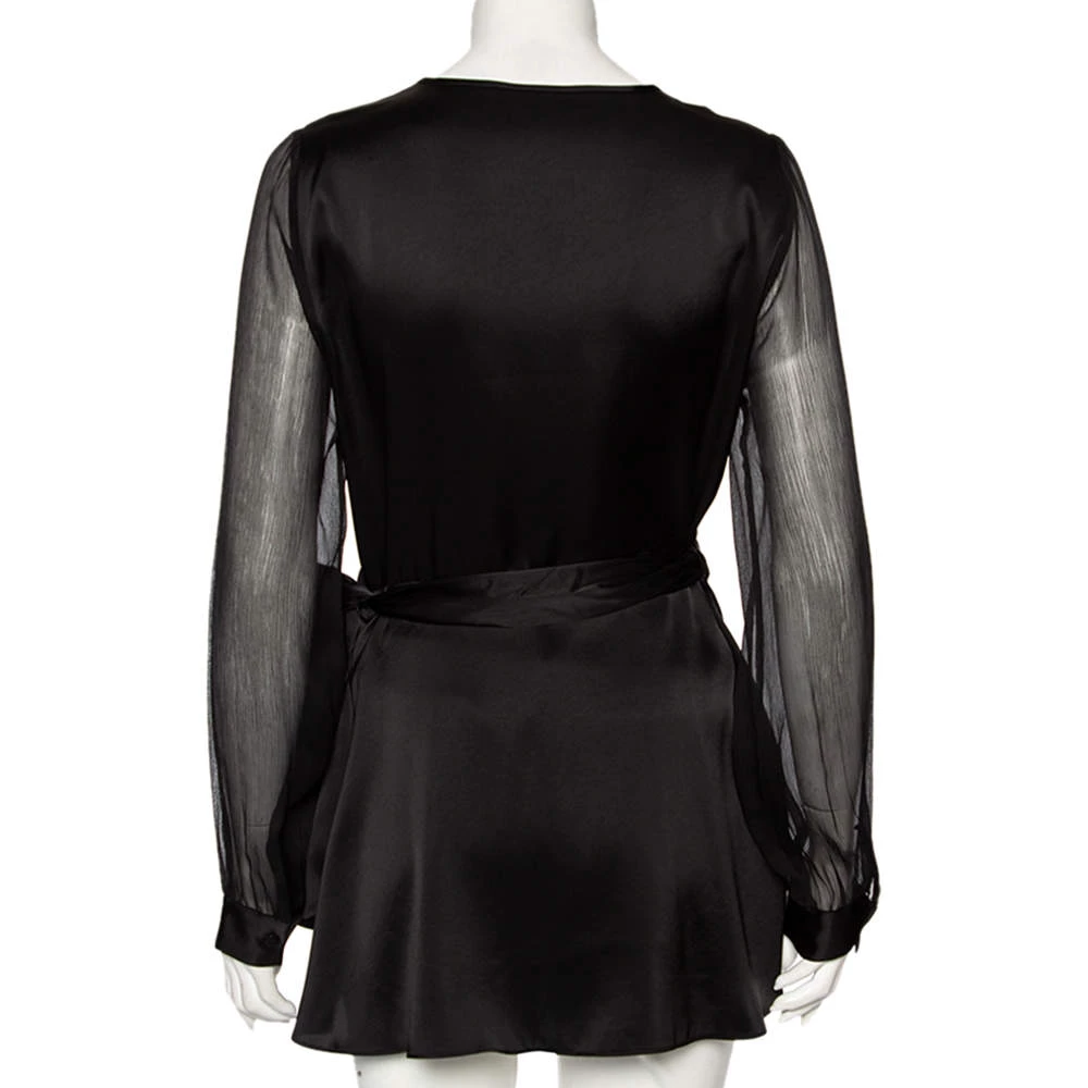 Diane Von Furstenberg Black Satin Klee Sheer Sleeve Wrap Blouse M For Women 3 Diane Von Furstenberg Black Satin Klee Sheer Sleeve Wrap Blouse M For Women - Image 3
