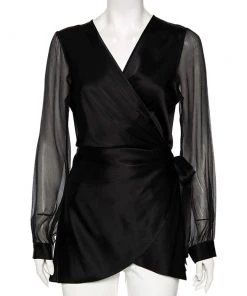 Diane Von Furstenberg Black Satin Klee Sheer Sleeve Wrap Blouse M For Women