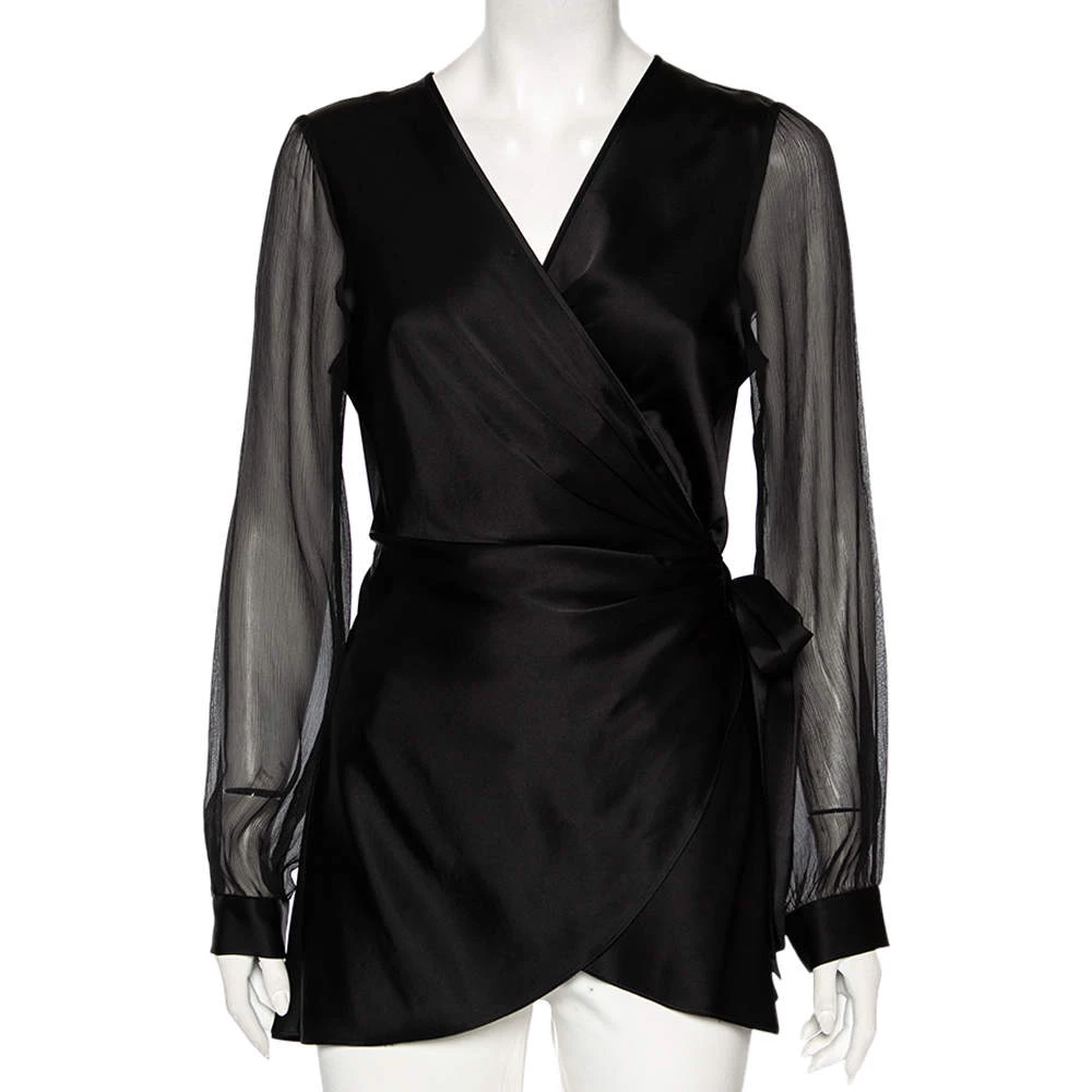 Diane Von Furstenberg Black Satin Klee Sheer Sleeve Wrap Blouse M For Women 1 Diane Von Furstenberg Black Satin Klee Sheer Sleeve Wrap Blouse M For Women