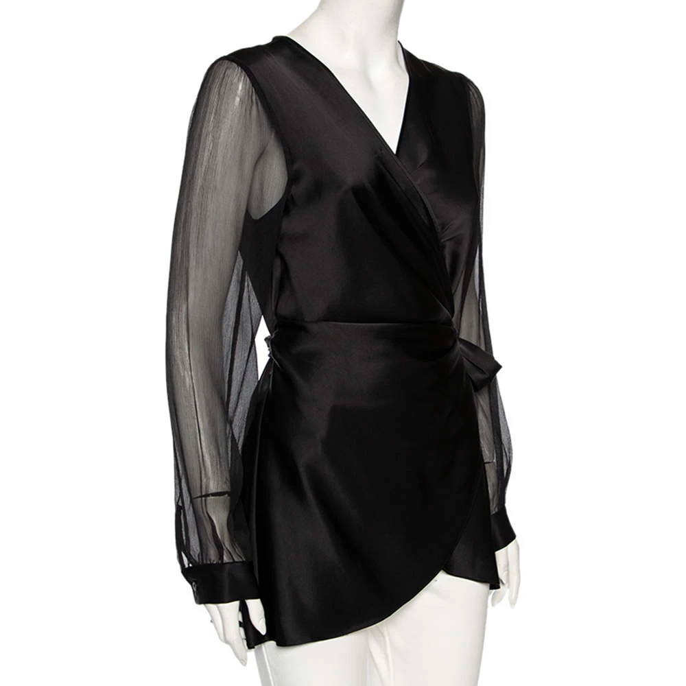 Diane Von Furstenberg Black Satin Klee Sheer Sleeve Wrap Blouse M For Women 2 Diane Von Furstenberg Black Satin Klee Sheer Sleeve Wrap Blouse M For Women - Image 2