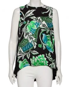 Diane Von Furstenberg Green & Black Floral Printed Georgette Silvie Blouse S For Women