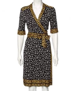 Diane Von Furstenberg Black Printed Silk Lucinda Wrap Dress L For Women