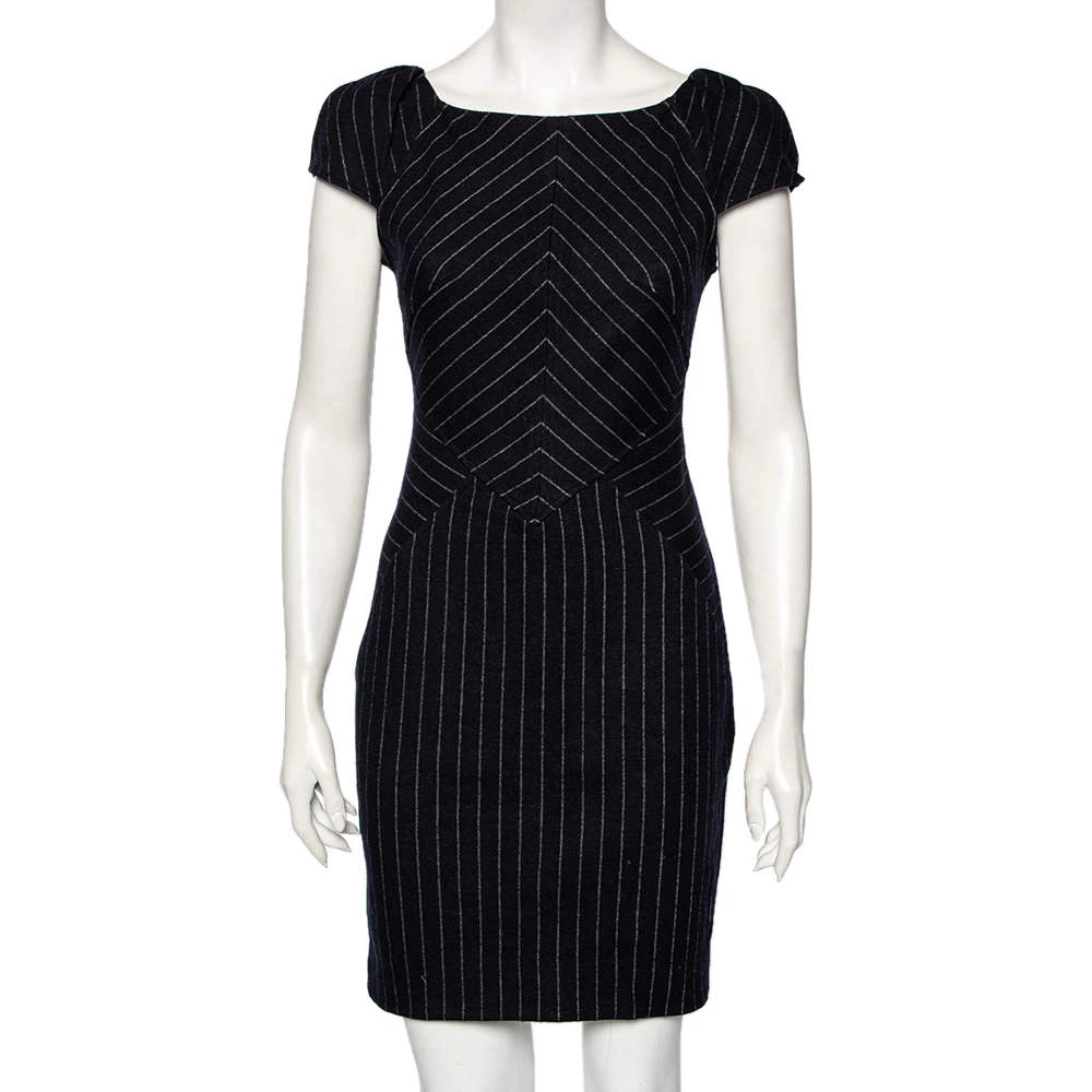Diane Von Furstenberg Navy Blue Striped Wool Helen Sheath Dress M For Women 1 Diane Von Furstenberg Navy Blue Striped Wool Helen Sheath Dress M For Women