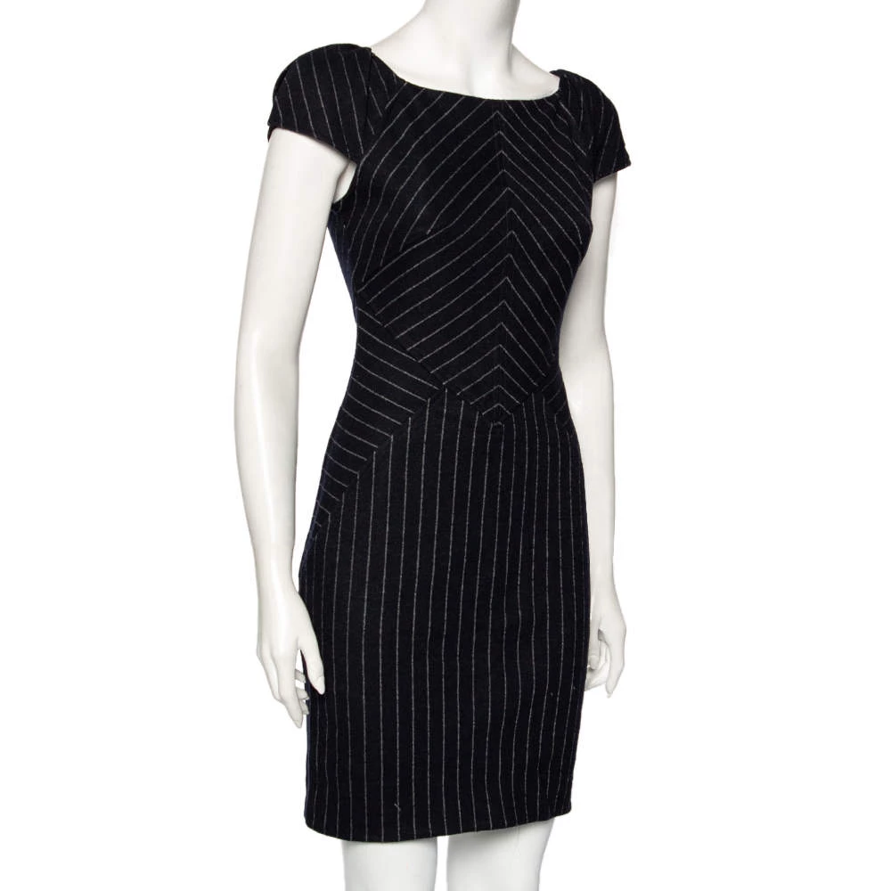 Diane Von Furstenberg Navy Blue Striped Wool Helen Sheath Dress M For Women 2 Diane Von Furstenberg Navy Blue Striped Wool Helen Sheath Dress M For Women - Image 2