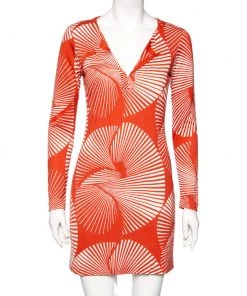 Diane Von Furstenberg Dull Orange Printed Silk Reina Long Sleeve Dress S For Women