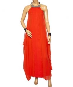 Diane Von Furstenberg Orange Silk Chiffon Cuff Detailed Yakira Dress S For Women