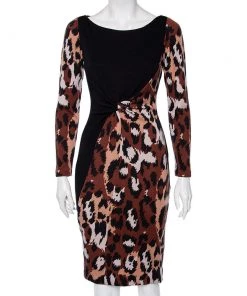 Diane Von Furstenberg Black & Brown Leopard Printed Wool Masankay Dress S For Women
