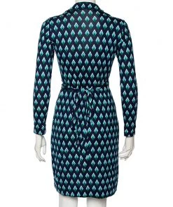 Diane Von Furstenberg Navy Blue Diamond Patterned Silk Knit Wrap Dress S For Women -Diane Von Furstenberg shop luxury women diane von furstenberg used clothes p541063 003