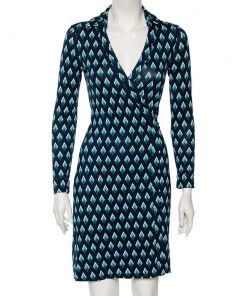 Diane Von Furstenberg Navy Blue Diamond Patterned Silk Knit Wrap Dress S For Women