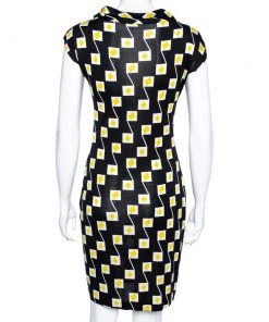 Diane Von Furstenberg Black Geometric Printed Silk Gathered Detail Dress S For Women -Diane Von Furstenberg shop luxury women diane von furstenberg used clothes p551319 002